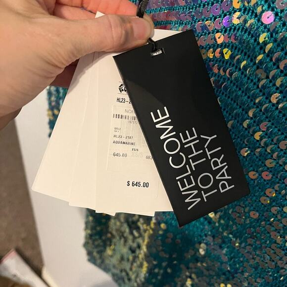 Retrofete NWT Tara Sequin Long Sleeve Crochet Mini Dress Turquoise Blue Green S - Picture 6 of 13